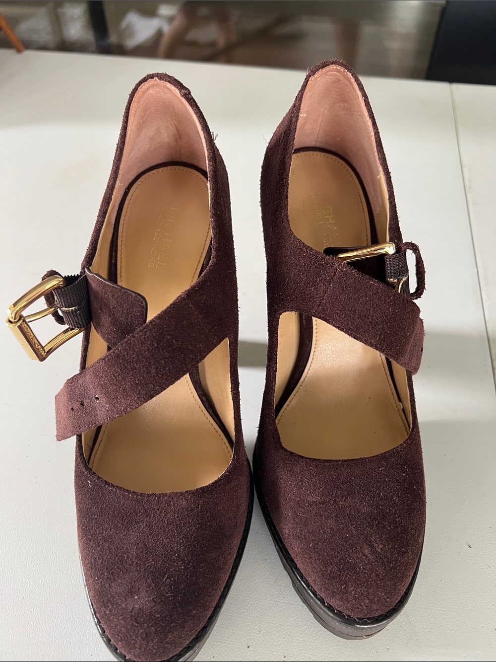 MICHAEL Michael Kors Dark Brown Suede Mary Jane Heels with Gold Buckle